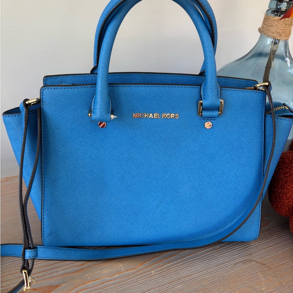 Michael Kors Selma Heritage Blue Saffiano Satchel